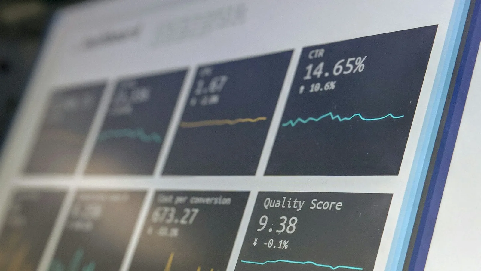 Dashboard metrik di layar dengan grafik tren dan skor